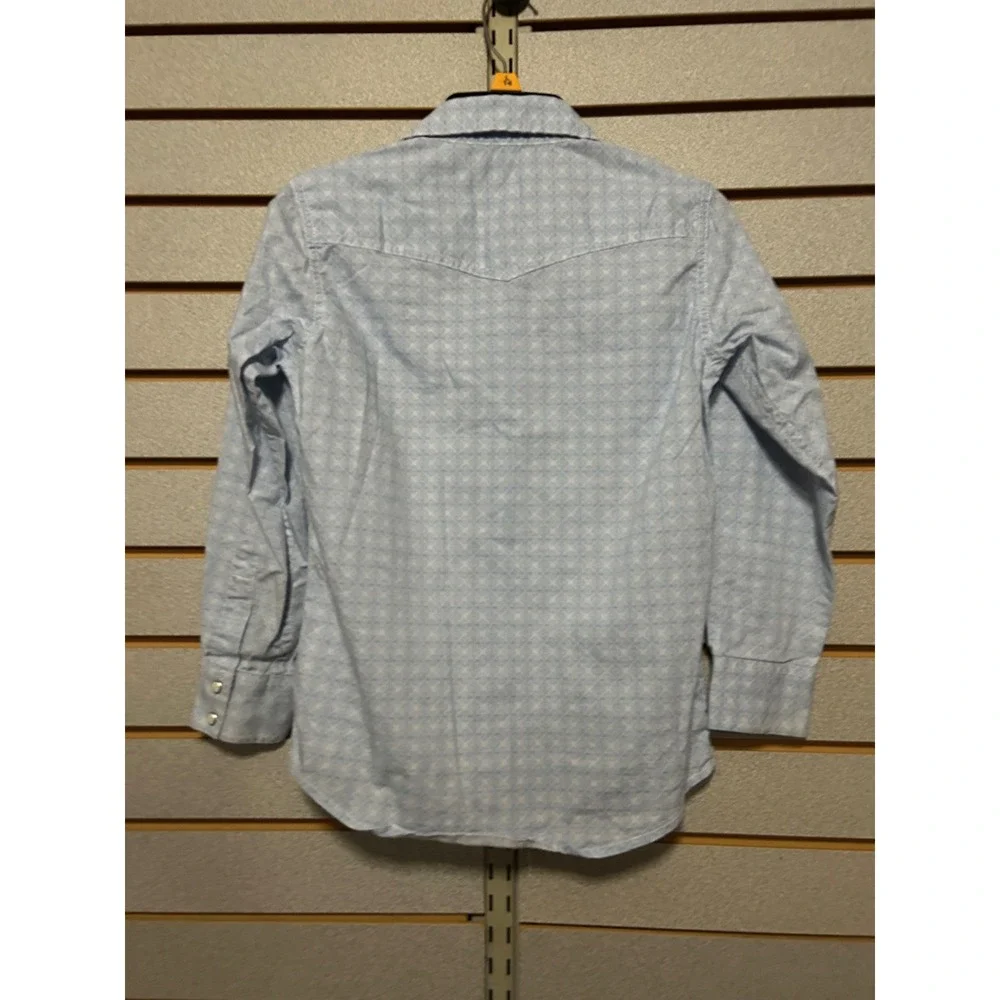 Wrangler 20X Boys Western Snap Shirt Light Blue‎ Geometric Square Pattern Size M